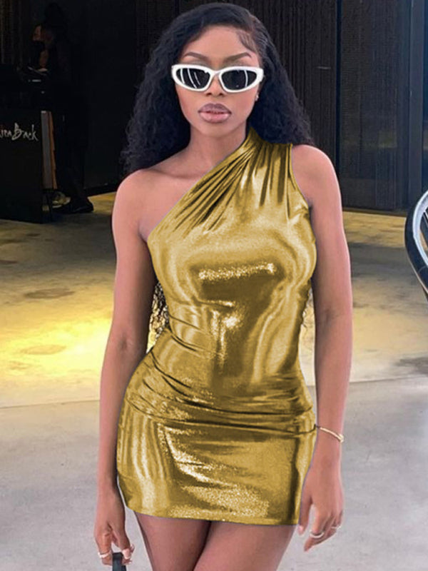 New Sexy Slim Solid Color Slant Shoulder Sleeveless Hip Dress Golden