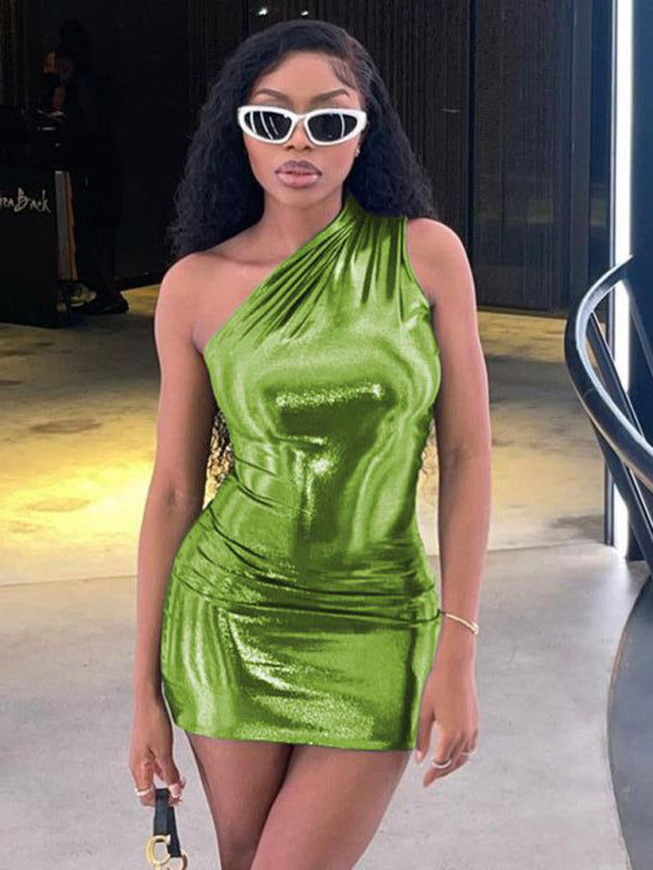 New Sexy Slim Solid Color Slant Shoulder Sleeveless Hip Dress Green