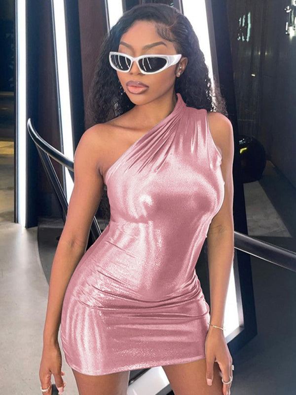 New Sexy Slim Solid Color Slant Shoulder Sleeveless Hip Dress Pink