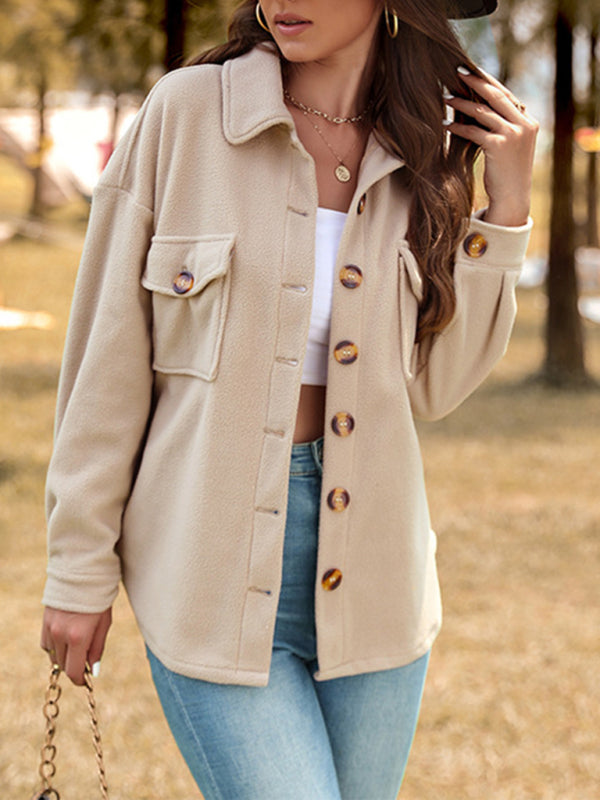 Fashion women's autumn and winter new solid color long-sleeved polar fleece jacket Khaki