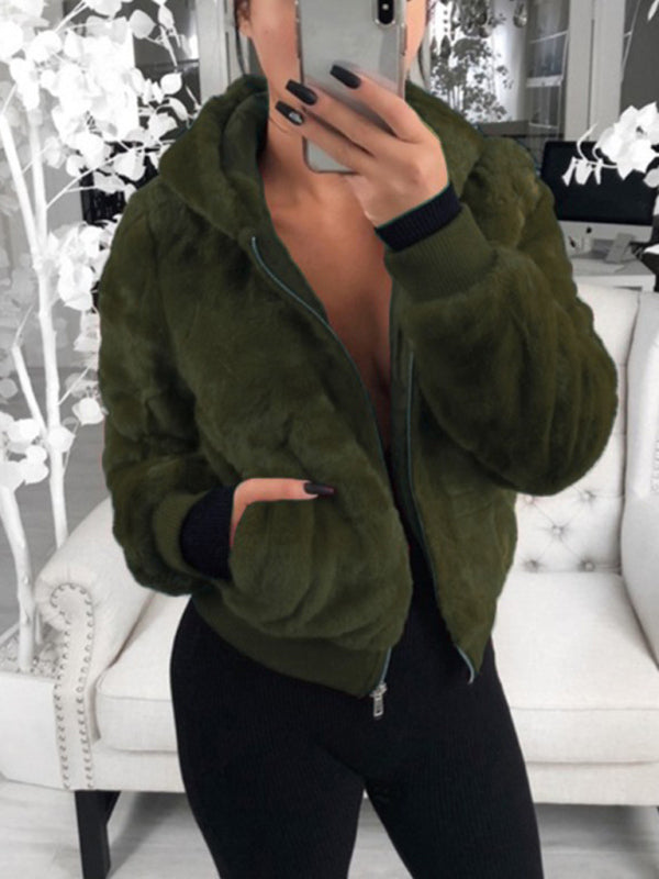 Autumn and winter furry long-sleeved hooded plush top long coat Olive green