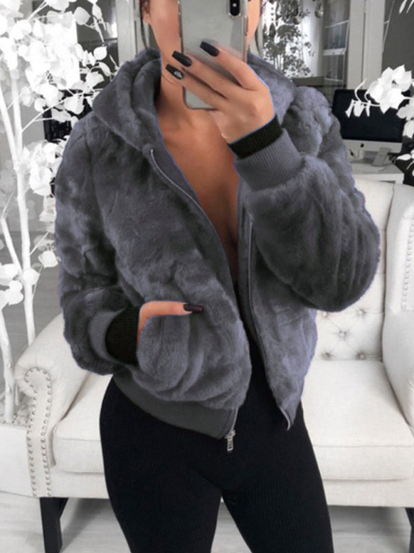 Autumn and winter furry long-sleeved hooded plush top long coat Charcoal grey