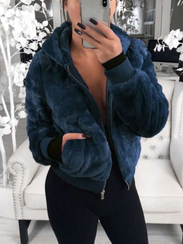 Autumn and winter furry long-sleeved hooded plush top long coat Royal blue