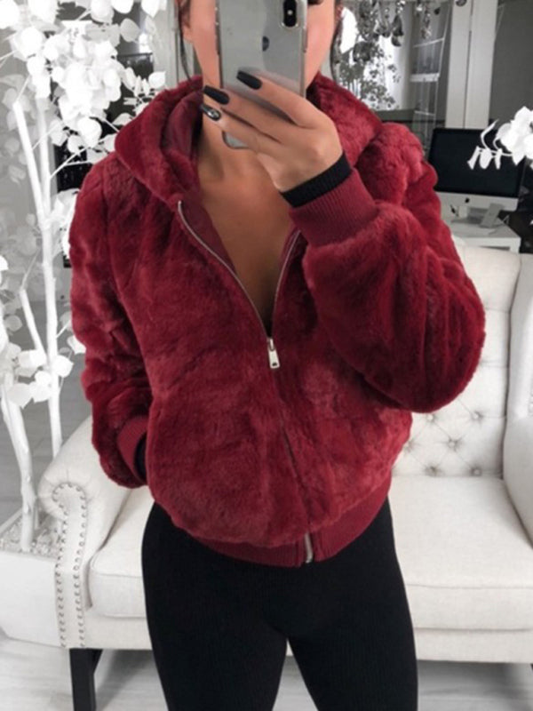 Autumn and winter furry long-sleeved hooded plush top long coat Wine Red
