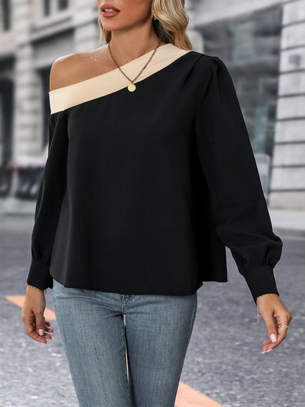 New women's color-block cross-shoulder shirt Black