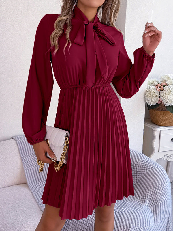 Autumn and winter temperament tie waist long sleeve pleated skirt Wine Red
