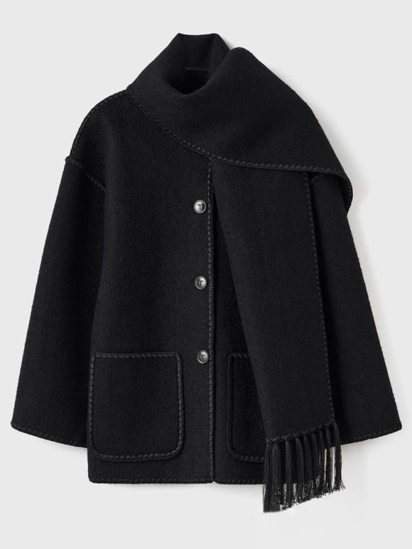 New autumn and winter new fashion woolen coat thickened loose with scarf tassels for women