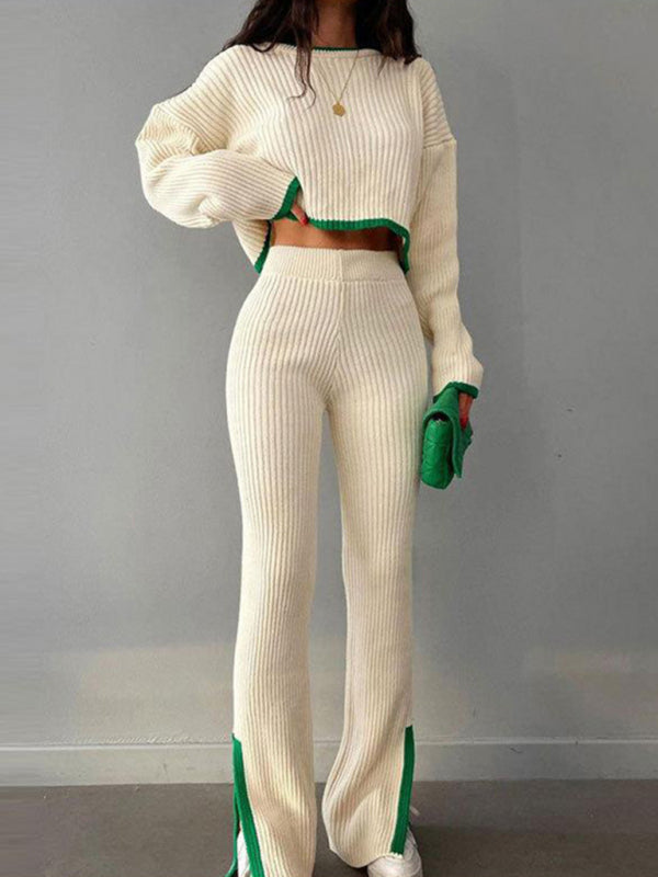 Autumn and winter contrasting color sweater slit elastic waist wide-leg pants two-piece set White
