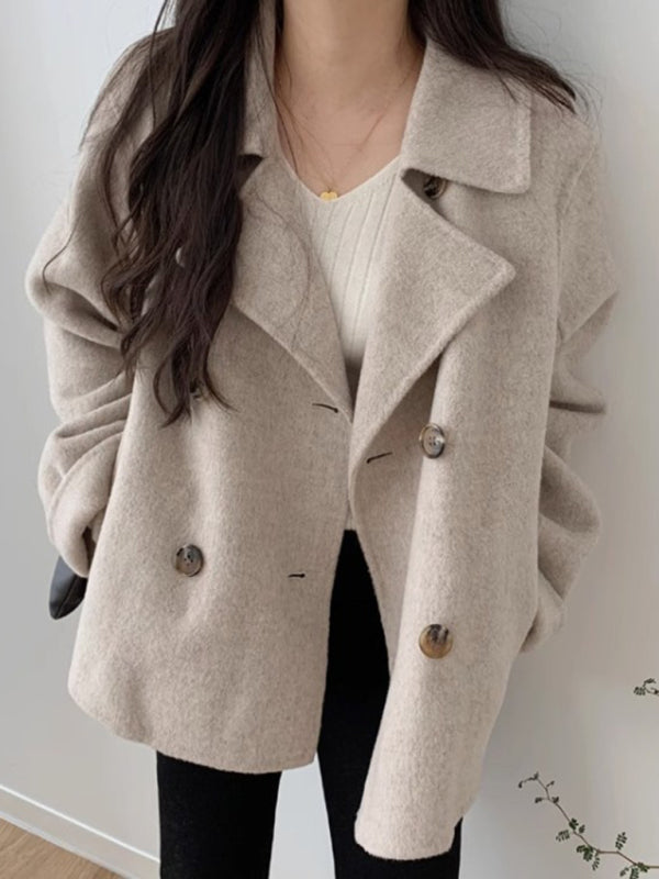 Autumn and winter French double-breasted loose, casual and versatile long-sleeved warm woolen jacket