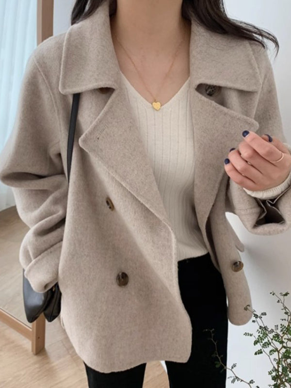 Autumn and winter French double-breasted loose, casual and versatile long-sleeved warm woolen jacket