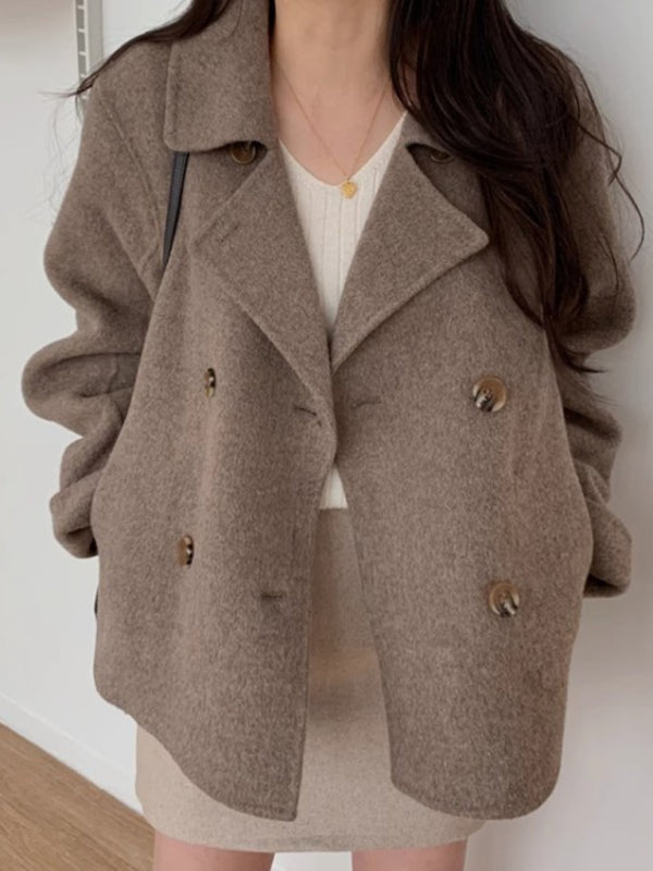 Autumn and winter French double-breasted loose, casual and versatile long-sleeved warm woolen jacket Coffe