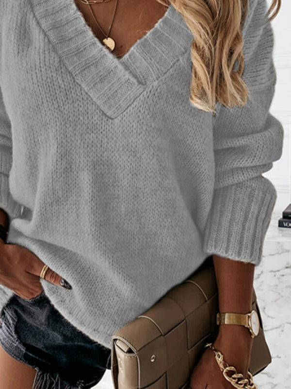 Women's V-neck long-sleeved pullover sweater top