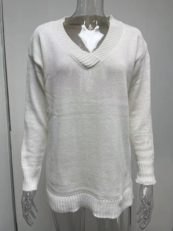 Women's V-neck long-sleeved pullover sweater top
