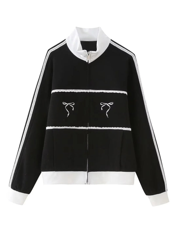 New style lace embroidery decorative sweatshirt jacket Black
