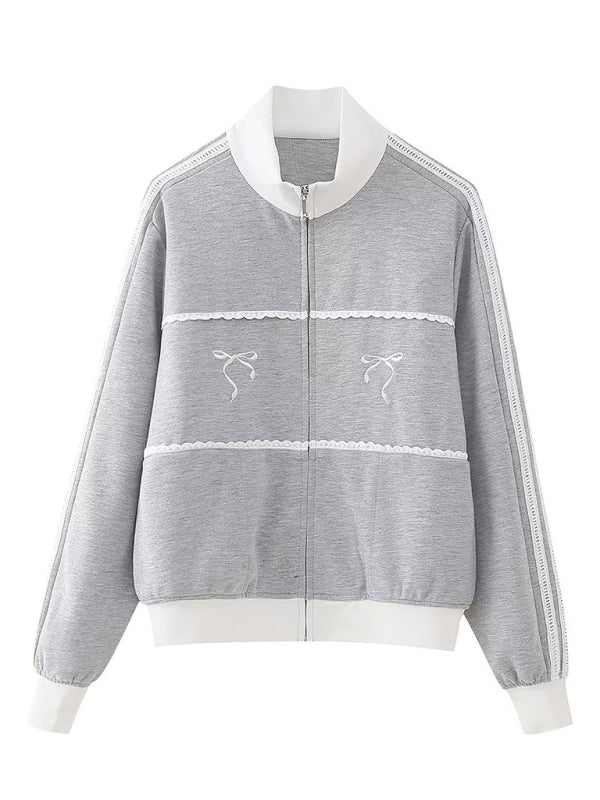 New style lace embroidery decorative sweatshirt jacket Misty grey